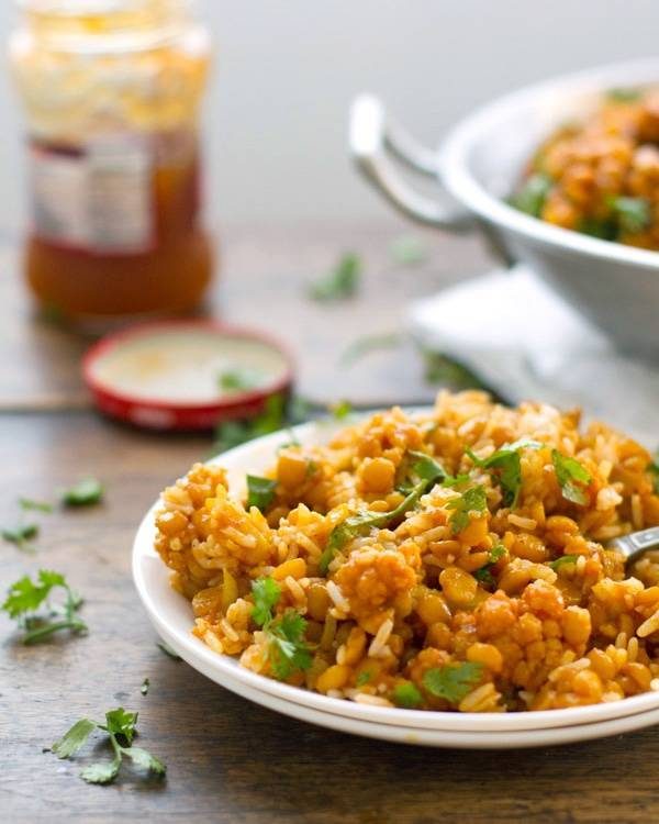 Cauliflower yellow lentil curry on a plate.