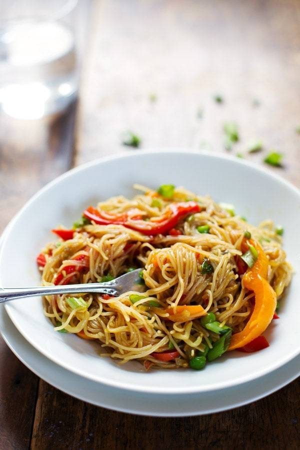 Stir fried noodles on a plate.