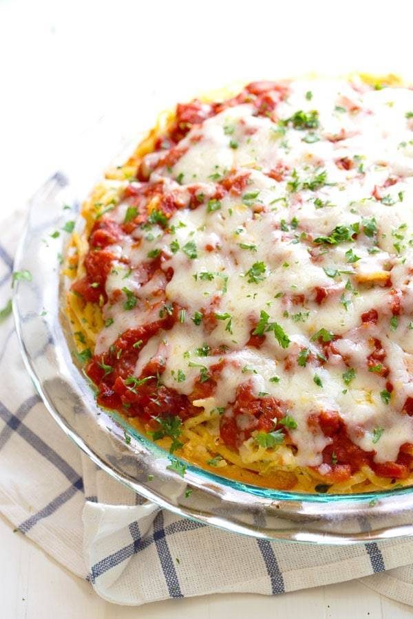 Spaghetti Pie in a clear baking dish.