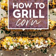 Four ears of grilled corn with text overlay that says "How to grill corn".