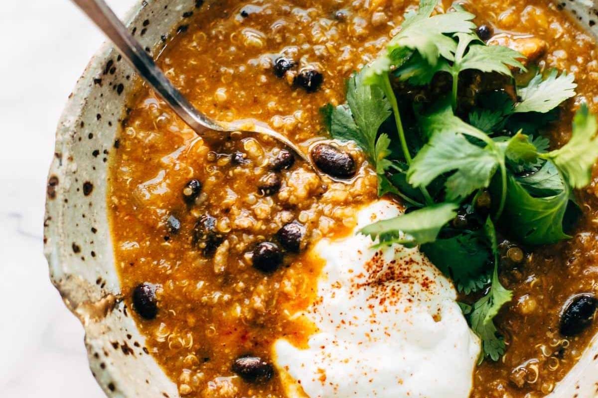 Sweet Potato Turkey Chili with sour cream and cilantro.