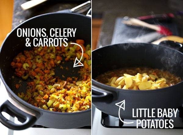 Onions, celery, and carrots in a pot.